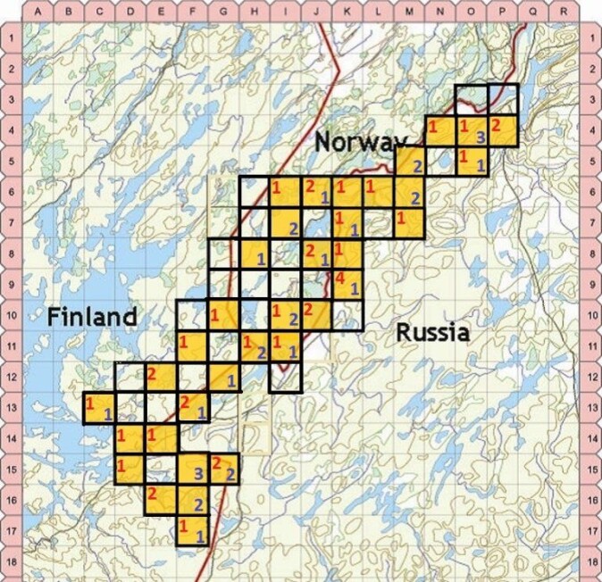 Antall brunbjørn påvist i hårfelleprosjektet i 2019. Studieområdet er delt inn i ruter på 5 x 5 km. Tallet representerer antall identifiserte bjørner i hver av de 58 cellene (røde tall = hunner, blå tall = hanner). Antall brunbjørn påvist i hårfelleprosjektet i 2019. Studieområdet er delt inn i ruter på 5 x 5 km. Tallet representerer antall identifiserte bjørner i hver av de 58 cellene (røde tall = hunner, blå tall = hanner).