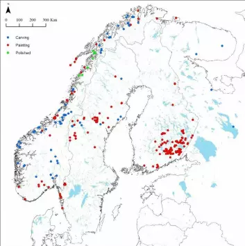 Dette kartet gir en oversikt over bergkunst som finnes i Skandinavia. (Foto: (kart utarbeidet av Jan Magne Gjerde))