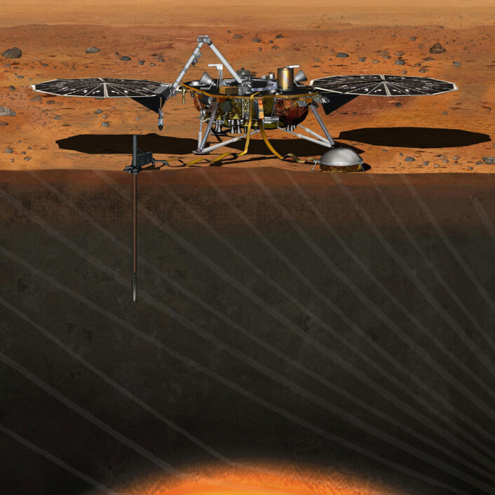InSight-fartøyet vil stikke en sensor 4,5 meter ned i Mars-skorpen for å blant annet ta temperaturen på planeten. (Foto: (Illustrasjon: NASA)) InSight-fartøyet vil stikke en sensor 4,5 meter ned i Mars-skorpen for å blant annet ta temperaturen på planeten. (Foto: (Illustrasjon: NASA))