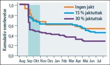 Overlevelsen av liryper gjennom året fra august. Kurvene viser tydelig hvordan overlevelsen flater ut i vintermånedene for 0 og 15 prosent jaktuttak, mens den fortsetter å falle etter jakta for 30 prosent. Det skyggelagte feltet viser perioden jakten pågikk i eksperimentet. (Foto: (Figur: NINA)) Overlevelsen av liryper gjennom året fra august. Kurvene viser tydelig hvordan overlevelsen flater ut i vintermånedene for 0 og 15 prosent jaktuttak, mens den fortsetter å falle etter jakta for 30 prosent. Det skyggelagte feltet viser perioden jakten pågikk i eksperimentet. (Foto: (Figur: NINA))