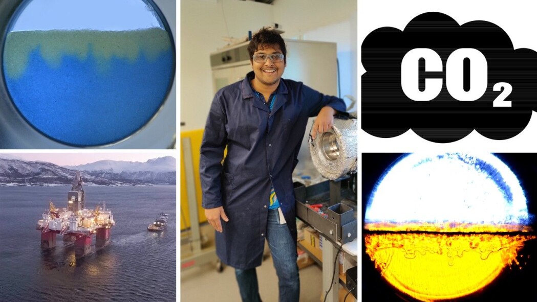 Widuramina Amarasinghe vil finne ut hvordan vi kan lagre C02. Han gjør eksperimenter i laboratoriet, for å se hvordan vann, olje og C02 blander seg. Øverst til venstre og nederst til høyre ser du to slike eksperimenter. Widuramina Amarasinghe vil finne ut hvordan vi kan lagre C02. Han gjør eksperimenter i laboratoriet, for å se hvordan vann, olje og C02 blander seg. Øverst til venstre og nederst til høyre ser du to slike eksperimenter.
