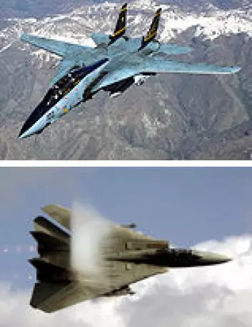 "F-14 med utfoldede vinger øverst og bakoversvingte nederst."