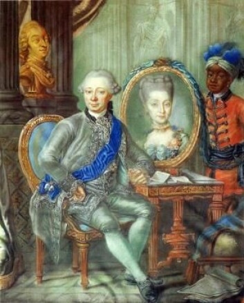 Den danske slavehandleren Heinrich Schimmelmann og pasjegutten hans. (Foto: (Illustrasjon: Lorenz Lönberg 1773)) Den danske slavehandleren Heinrich Schimmelmann og pasjegutten hans. (Foto: (Illustrasjon: Lorenz Lönberg 1773))