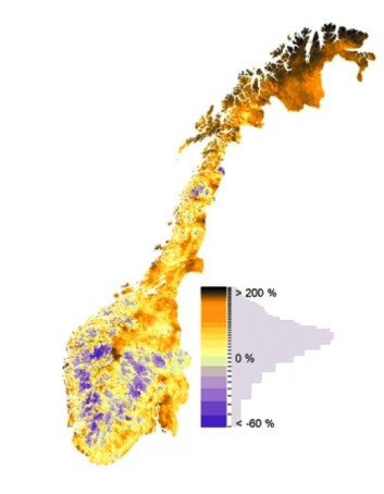Forskere har beregnet hvordan mengden organisk karbon (%) vil endres i norske innsjøer, fra årene 1971-1990 til årene 2071-2100. (Foto: (Figur: Larsen m.fl. Glob. Change Biol. 17, 2011, s. 1186–1192)) Forskere har beregnet hvordan mengden organisk karbon (%) vil endres i norske innsjøer, fra årene 1971-1990 til årene 2071-2100. (Foto: (Figur: Larsen m.fl. Glob. Change Biol. 17, 2011, s. 1186–1192))