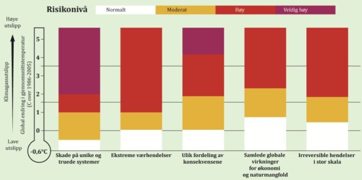 Fire ulike risikonivåer – på fem ulike områder. Sett i sammenheng med stigende temperatur. Klikk på forstørrelsesglasset for større bilde. (Foto: (Kilde: FNs klimapanel / Miljødirektoratet)) Fire ulike risikonivåer – på fem ulike områder. Sett i sammenheng med stigende temperatur. Klikk på forstørrelsesglasset for større bilde. (Foto: (Kilde: FNs klimapanel / Miljødirektoratet))