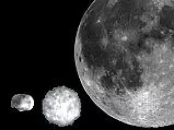 "Fra venstre: Vesta, den største asteroiden Ceres og jordas måne. (Fotomontasje: NASA"