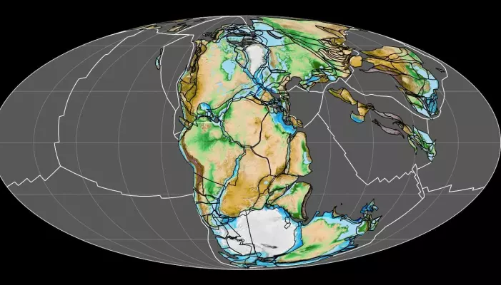 Superkontinentet Pangea eksisterte for omtrent 300-200 millioner år siden. En del av våre moderne kontinenter kan skimtes.
