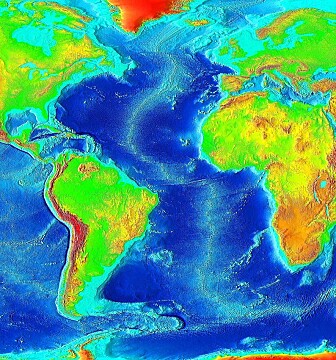 Dette dybdekartet viser den Midtatlantiske ryggen, som går tvers gjennom det Atlantiske hav (og Island) Dette dybdekartet viser den Midtatlantiske ryggen, som går tvers gjennom det Atlantiske hav (og Island)