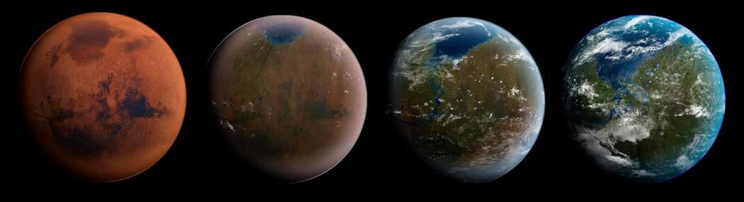Slik tenker artisten seg hvordan Mars kan omskapes fra rød ørken til levende vannplanet. Slik tenker artisten seg hvordan Mars kan omskapes fra rød ørken til levende vannplanet.