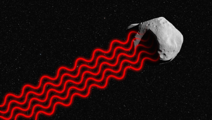 Laserlys svinger i takt, fordi det har en bestemt bølgelengde, det vil si farge. Det gjør laserlyset spesielt energirikt. Her illustreres hvordan laserlyset treffer overflaten av en asteroide. Refleksen av laserlyset kan fanges opp av store teleskoper på jorda, ifølge forslaget til Jane Luu, astronom ved MIT. (Foto: (Figur: forskning.no/NASA)) Laserlys svinger i takt, fordi det har en bestemt bølgelengde, det vil si farge. Det gjør laserlyset spesielt energirikt. Her illustreres hvordan laserlyset treffer overflaten av en asteroide. Refleksen av laserlyset kan fanges opp av store teleskoper på jorda, ifølge forslaget til Jane Luu, astronom ved MIT. (Foto: (Figur: forskning.no/NASA))