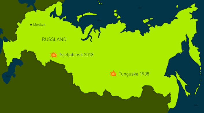 Tsjeljabinsk opplevde den kraftigste sjokkbølgen som er skapt av en meteor siden Tunguska i Sibir i 1908. (Foto: (Kart: David Brabrand/forskning.no)) Tsjeljabinsk opplevde den kraftigste sjokkbølgen som er skapt av en meteor siden Tunguska i Sibir i 1908. (Foto: (Kart: David Brabrand/forskning.no))