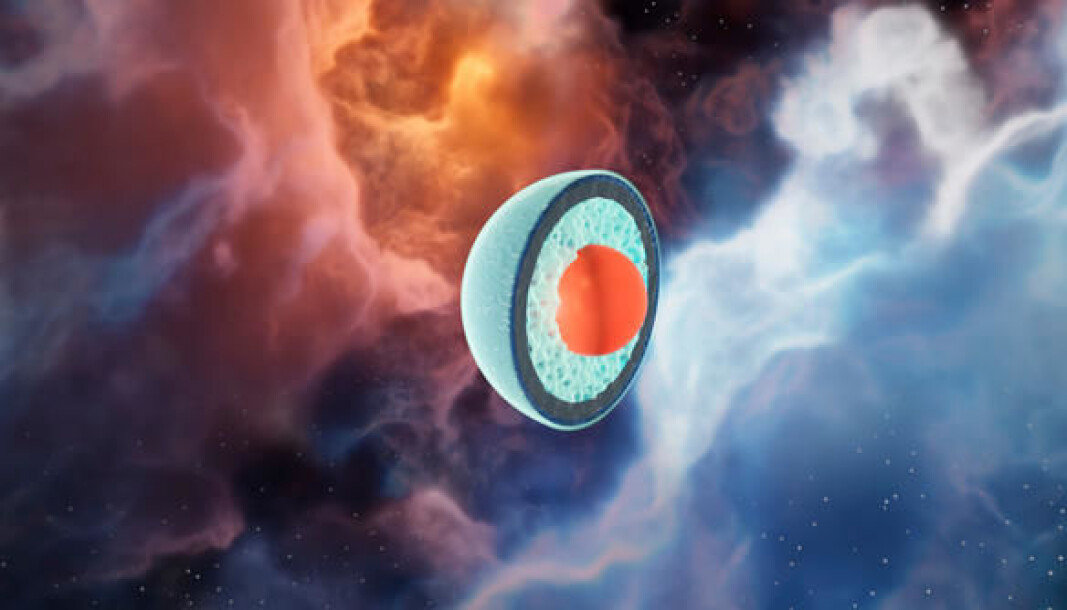 Illustration of neutron star layers against nebulae. Illustration of neutron star layers against nebulae.