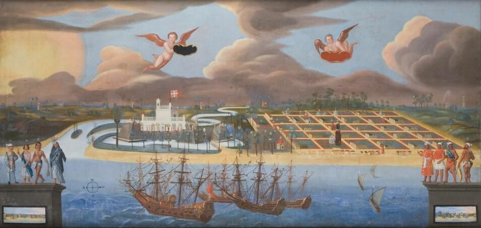 Det danske fortet Dansborg i Trankebar, malt om lag 1650. De åtte personene i forgrunnen representerer byens hinduer og muslimer. Maleriet tilhører Skokloster Slott i Sverige.