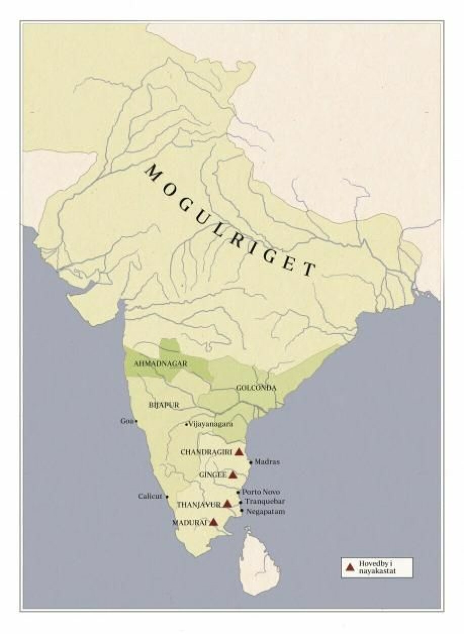 Kart med byer og stater som hadde en nayaka som hersker, som eksisterte i Sørøst-India i 1620.