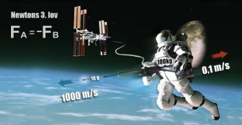 Hvis astronauten veier 100 kg med romdrakten sin, og han avfyrer en rifle som skyter ut et 10 gram tungt prosjektil med en fart på 1000 meter i sekundet, så vil den motsattrettede kraften resultere i at han beveger seg bakover med en fart på 0,1 meter per sekund. (Foto: (Illustrasjon: Mette Friis-Mikkelsen)) Hvis astronauten veier 100 kg med romdrakten sin, og han avfyrer en rifle som skyter ut et 10 gram tungt prosjektil med en fart på 1000 meter i sekundet, så vil den motsattrettede kraften resultere i at han beveger seg bakover med en fart på 0,1 meter per sekund. (Foto: (Illustrasjon: Mette Friis-Mikkelsen))