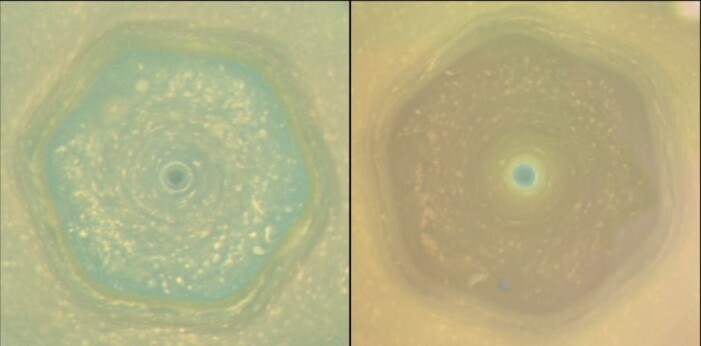 Stormen sett fra Cassini, sett i 2012 og 2016. Fargene endret seg gjennom denne tiden, som kan ha med eksponering av sollys å gjøre. Stormen sett fra Cassini, sett i 2012 og 2016. Fargene endret seg gjennom denne tiden, som kan ha med eksponering av sollys å gjøre.