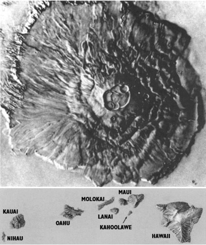 Illustrasjonen av Olympus Mons på Mars (øverst), i samme skala som hele rekken av vulkanøyer ved Hawaii (nederst) gir et inntrykk av denne kolossen, som måler 550 km i diameter. (Foto: (Illustrasjon: USGS)) Illustrasjonen av Olympus Mons på Mars (øverst), i samme skala som hele rekken av vulkanøyer ved Hawaii (nederst) gir et inntrykk av denne kolossen, som måler 550 km i diameter. (Foto: (Illustrasjon: USGS))