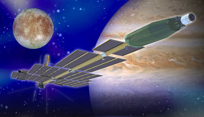 Prometheus I, som var planlagt sendt til Jupiters måner ved hjelp av en atomrakett. Planene ble skrinlagt i 2005. (Illustrasjon: NASA) Prometheus I, som var planlagt sendt til Jupiters måner ved hjelp av en atomrakett. Planene ble skrinlagt i 2005. (Illustrasjon: NASA)