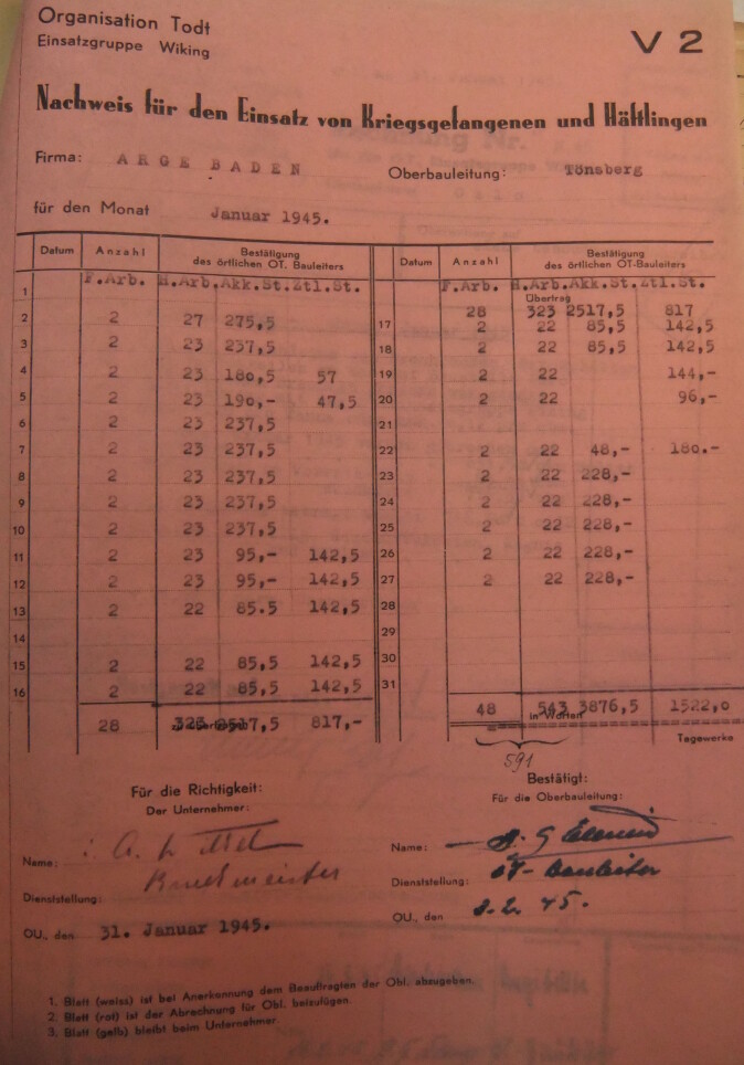 Regnskap fra bedriften Arbeitsgemeinschaft Baden som dokumenterer bedriftens bruk av sovjetiske krigsfanger i Tønsberg-området i januar 1945. Regnskap fra bedriften Arbeitsgemeinschaft Baden som dokumenterer bedriftens bruk av sovjetiske krigsfanger i Tønsberg-området i januar 1945.
