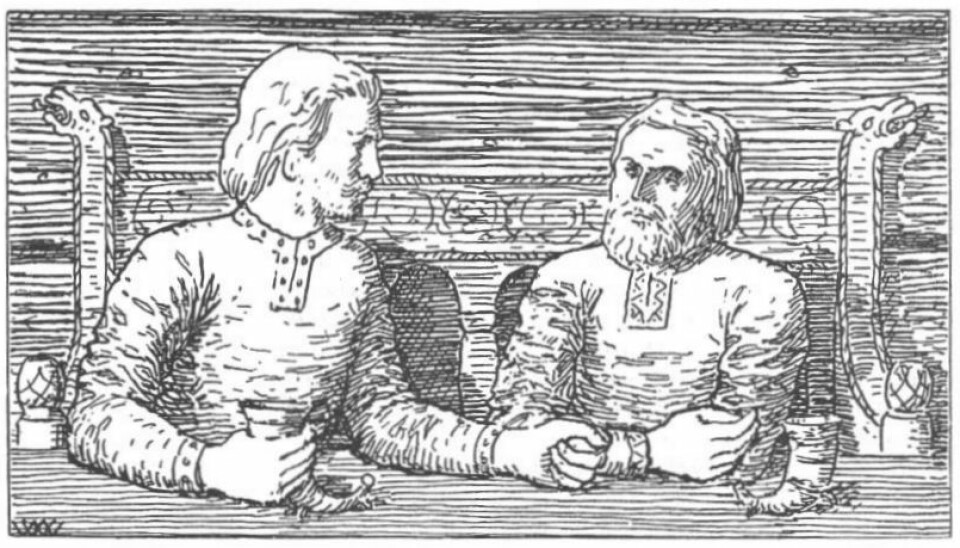 Illustration fra Harald Hardrådes saga. Den viser ikke Snegle-Halle men Harald og Svein som satt og drakk.