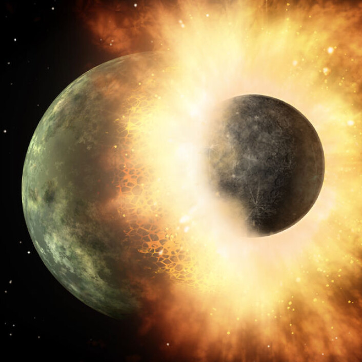 Vannet ble presset ut av jordskorpen og dannet havene rundt 150 millioner år etter at planeten Theia kolliderte med jorda og rev løs det som ble månen, for rundt 4,5 milliarder år siden (Illustrasjon: NASA/Caltech) Vannet ble presset ut av jordskorpen og dannet havene rundt 150 millioner år etter at planeten Theia kolliderte med jorda og rev løs det som ble månen, for rundt 4,5 milliarder år siden (Illustrasjon: NASA/Caltech)