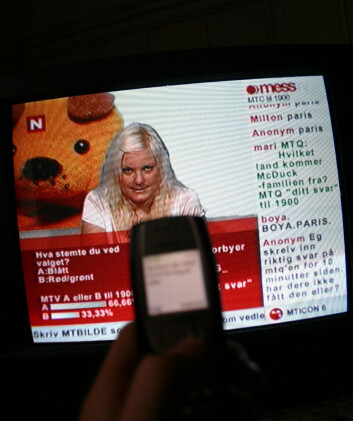 "Her et skjermbilde fra det sms-baserte programmet mess TV på TVNORGE. Foto: Andreas R. Graven." "Her et skjermbilde fra det sms-baserte programmet mess TV på TVNORGE. Foto: Andreas R. Graven."
