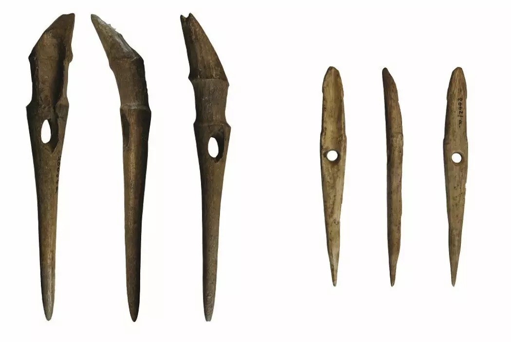 Dette er to av harpunene som forskerne har funnet under åkeren på Jortveit gård. De var trolig i bruk en gang for mellom 5700 og 4500 år siden.