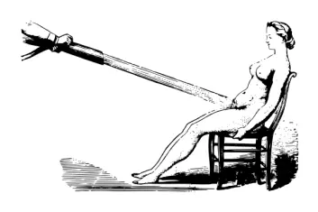 Fransk dusj fra cirka 1860. Slik vannterapi ble ofte brukt for å få bukt med symptomene på hysteri. Dog med strenge formaninger om legene måtte følge nøye med så pasienten ikke overdrev bruken. (Foto: (Illustrasjon: Siegfried Giedion - Mechanization Takes Command))