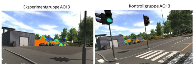De to bildene viser forskjellen på hvor oppmerksomme barna var på et område der en fare kan skjule seg. Bildet til venstre viser fokuspunktet til barna som hadde gjennomgått den nye opplæringsmetoden. Bildet til høyre viser fokuspunkt hos de som hadde fått tradisjonell sykkelopplæring. De to bildene viser forskjellen på hvor oppmerksomme barna var på et område der en fare kan skjule seg. Bildet til venstre viser fokuspunktet til barna som hadde gjennomgått den nye opplæringsmetoden. Bildet til høyre viser fokuspunkt hos de som hadde fått tradisjonell sykkelopplæring.