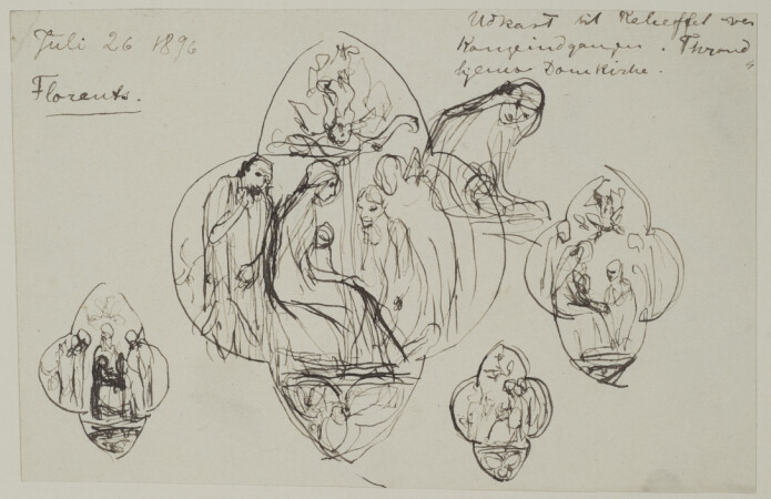<i>Hyrdenes tilbedelse</i>. Utkast til relieff tegnet av Vigeland i Firenze i 1896. «Juli 26 1896 / Florentz / Udkast til Relieffet over Kongeindgangen. Throndhjems Domkirke.»
Vigelandmuseet. <i>Hyrdenes tilbedelse</i>. Utkast til relieff tegnet av Vigeland i Firenze i 1896. «Juli 26 1896 / Florentz / Udkast til Relieffet over Kongeindgangen. Throndhjems Domkirke.»
Vigelandmuseet.