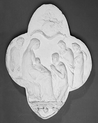 <i>Hyrdenes tilbedelse</i> i gips. Vigeland arbeidet over lengre tid med dette motivet, tiltenkt en plass over kongeinngangen i Nidarosdomen. <i>Hyrdenes tilbedelse</i> i gips. Vigeland arbeidet over lengre tid med dette motivet, tiltenkt en plass over kongeinngangen i Nidarosdomen.