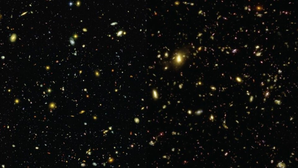 Venstre del av bildet viser universet som det faktisk ser ut sett gjennom Hubble eXtreme Deep Field, høyre side viser simuleringen. (Foto: Illustris Collaboration)