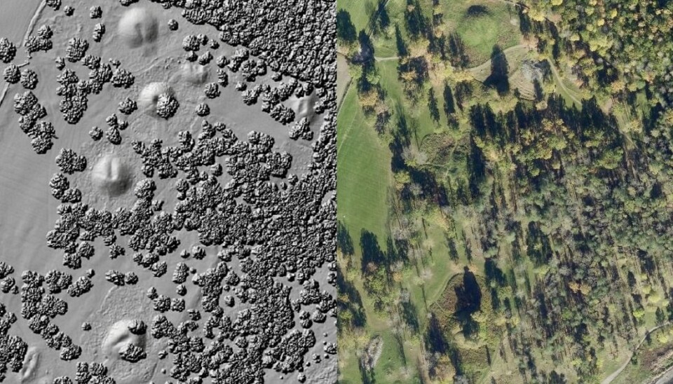 Gravhaugene i Borre i Vestfold, med laserdata og med vanlig luftfoto.