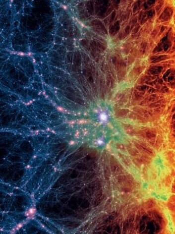 Her ser vi simuleringa i z=0 på rødforskyvningsskalaen - det vil si i simulert nåtid. Mørk materie til venstre går over i gass til høyre. (Foto: Illustris Collaboration) Her ser vi simuleringa i z=0 på rødforskyvningsskalaen - det vil si i simulert nåtid. Mørk materie til venstre går over i gass til høyre. (Foto: Illustris Collaboration)