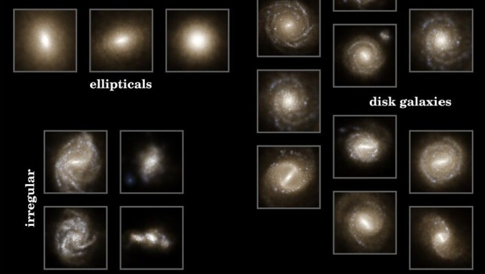 Stjernelysdistribusjon i simulert nåtid: Bildet viser at simuleringen kommer opp med et bredt utvalg galaksetyper. (Foto: Illustris Collaboration) Stjernelysdistribusjon i simulert nåtid: Bildet viser at simuleringen kommer opp med et bredt utvalg galaksetyper. (Foto: Illustris Collaboration)