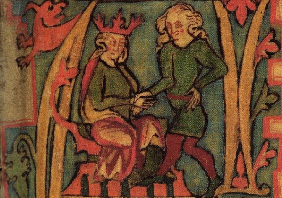 Harald Hårfagre mottar Norge fra sin far, Halvdan Svartes hånd.