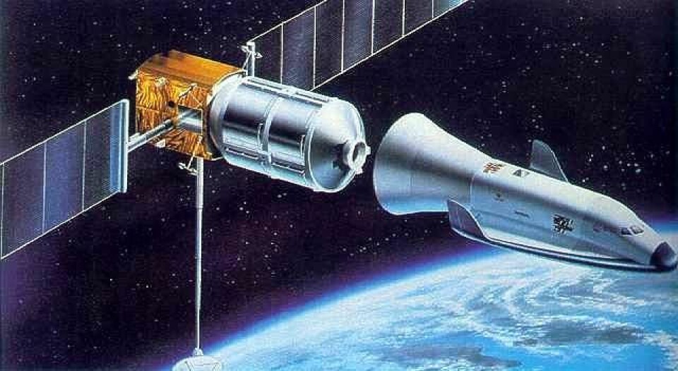 Hermes-romflyet dokker med den europeiske romstasjonen Columbus. Verken fly eller romstasjon ble bygget. (Foto: (Illustrasjon: ESA, Wikimedia Commons))