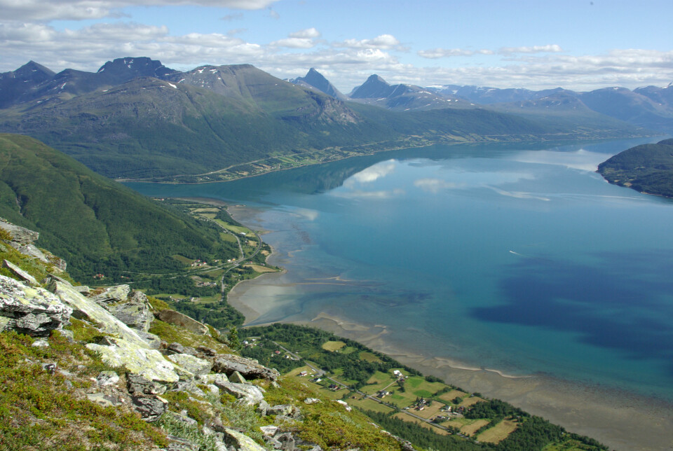 Fjordlandskap i Troms. Utsyn frå kartleggingsflate på Lavangstinden, sett inn over Balsfjorden. (Foto: Per K. Bjørklund/Skog og landskap)