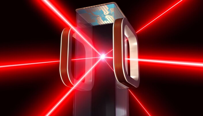 Slik framstiller NASA innsiden av Cold Atom Lab, hvor laserne kjøler ned atomene inne i den magnetiske fellen. Slik framstiller NASA innsiden av Cold Atom Lab, hvor laserne kjøler ned atomene inne i den magnetiske fellen.