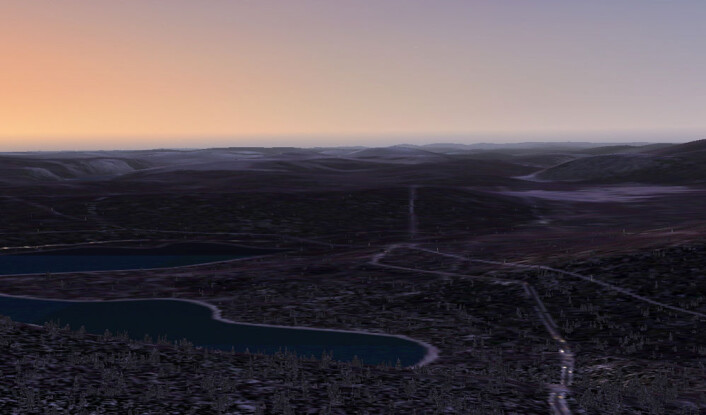Kveld over Noresjø, utsikt fra PC-flysimulator. (Foto: (Skjermdump: Arnfinn Christensen)) Kveld over Noresjø, utsikt fra PC-flysimulator. (Foto: (Skjermdump: Arnfinn Christensen))