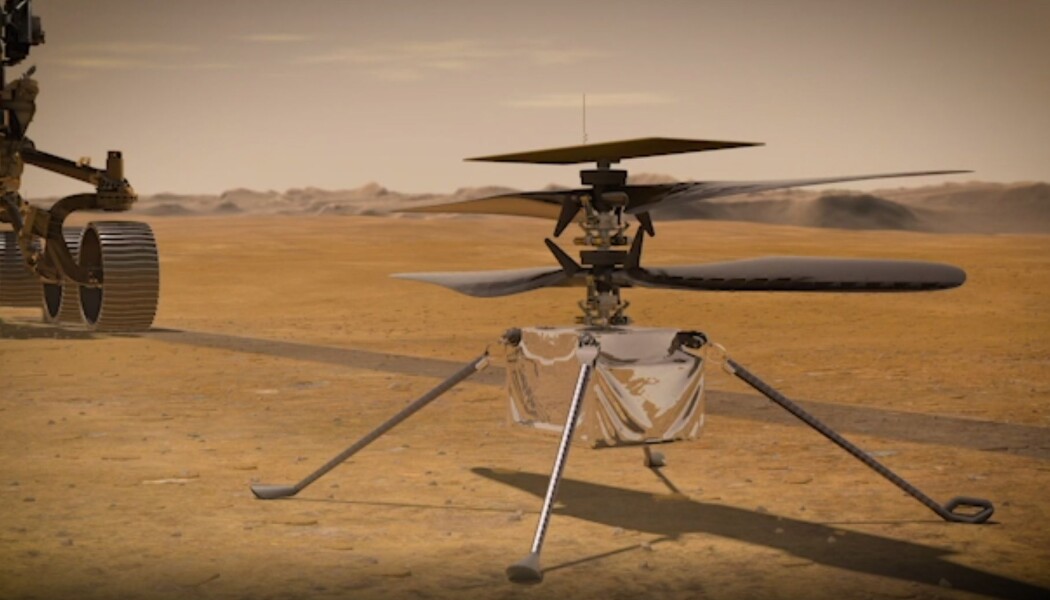Slik ser NASA for seg at helikopteret ser ut på overflaten. Den skal fraktes til Mars på undersiden av Mars 2020-roveren. Slik ser NASA for seg at helikopteret ser ut på overflaten. Den skal fraktes til Mars på undersiden av Mars 2020-roveren.