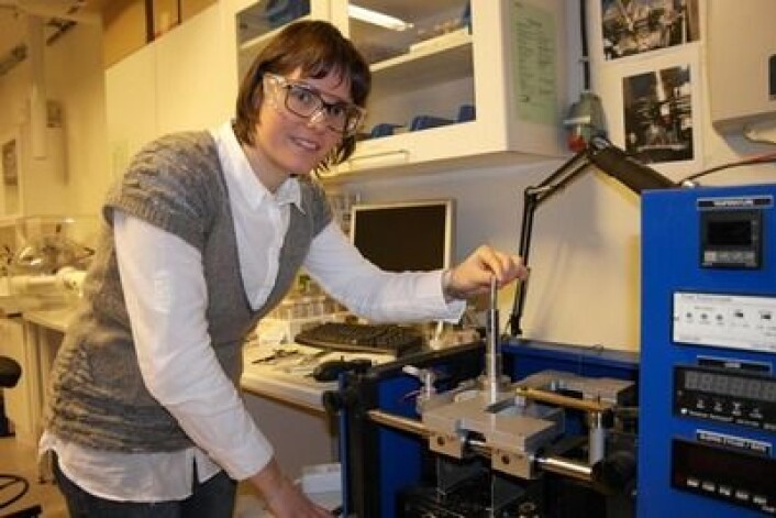 Førsteamanuensis Nuria Espallargas gjør klar for test av slitestyrke og korrosjon i tribologisenteret i Trondheim. (Foto: Claude R. Olsen) Førsteamanuensis Nuria Espallargas gjør klar for test av slitestyrke og korrosjon i tribologisenteret i Trondheim. (Foto: Claude R. Olsen)