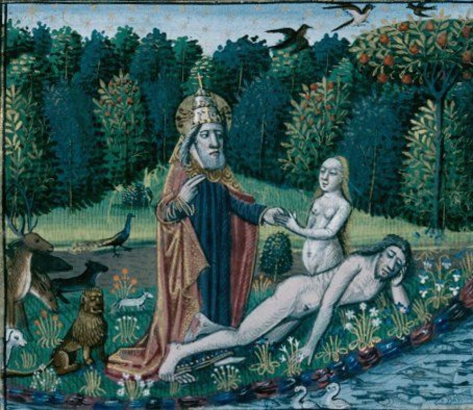 Adam og Eva i Edens hage, med prest. (Foto: (Maleri: Nicolaus de Lyra, 1480. Wikimedia Commons))