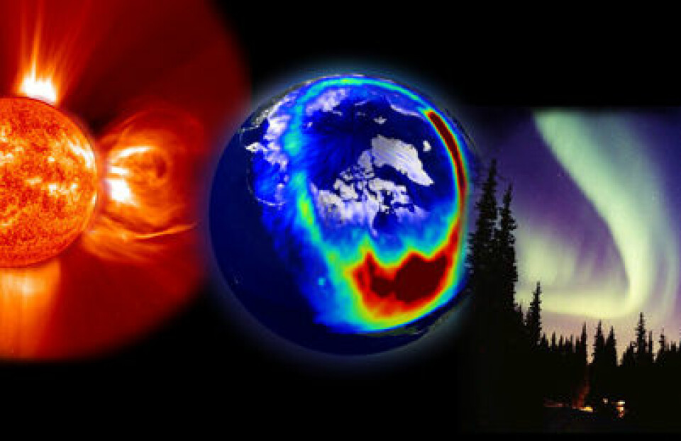 Enorme eksplosjoner på sola slynger store bobler av plasma ut i solvinden. Hvis disse treffer jorda vil de vekselvirke med jordas magnetfelt og atmosfære og føre til blant annet nordlys og forstyrrelser av satellittsignaler. (Foto: (Illustrasjon: ESA & NASA))