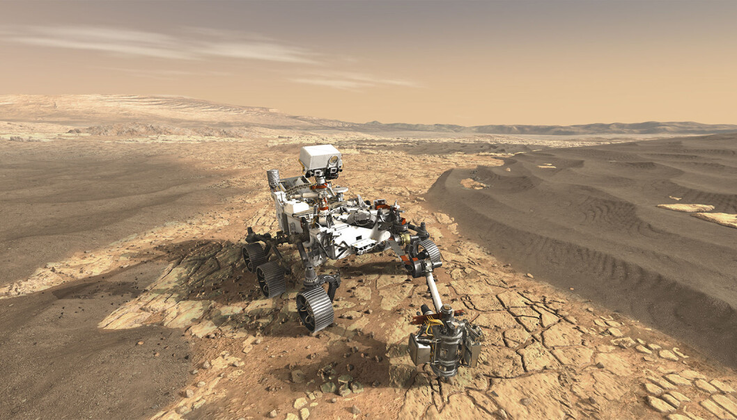 Denne illustrasjon av roveren «Perseverance» skildrer hvordan det kan se ut når den er i bruk for å utforske Mars. Denne illustrasjon av roveren «Perseverance» skildrer hvordan det kan se ut når den er i bruk for å utforske Mars.