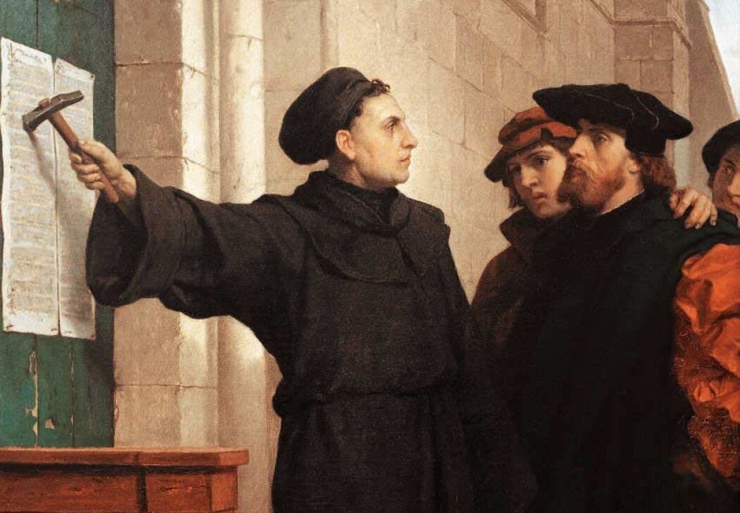 Luthers 95 teser markerte ikkje berre ein kyrkjeleg reformasjon, men også eit vendepunkt i Vestens filosofihistorie der vi endra måten vår å sjå verda på, ifølgje Marius T. Mjaaland. Maleri: Ferdinand Pauwels, "Luthers Thesenanschlag", 1872. Luthers 95 teser markerte ikkje berre ein kyrkjeleg reformasjon, men også eit vendepunkt i Vestens filosofihistorie der vi endra måten vår å sjå verda på, ifølgje Marius T. Mjaaland. Maleri: Ferdinand Pauwels, "Luthers Thesenanschlag", 1872.