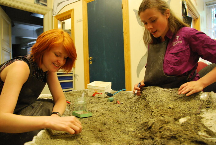 Victoria Nash (t.v.) og Aubrey Roberts bruker solfylte sommerdager i kjelleren på Geologisk museum. Der pirker de fiskeøgla Mikkel frem fra grushaugen den er bevart i. (Foto: Hanne Østli Jakobsen) Victoria Nash (t.v.) og Aubrey Roberts bruker solfylte sommerdager i kjelleren på Geologisk museum. Der pirker de fiskeøgla Mikkel frem fra grushaugen den er bevart i. (Foto: Hanne Østli Jakobsen)