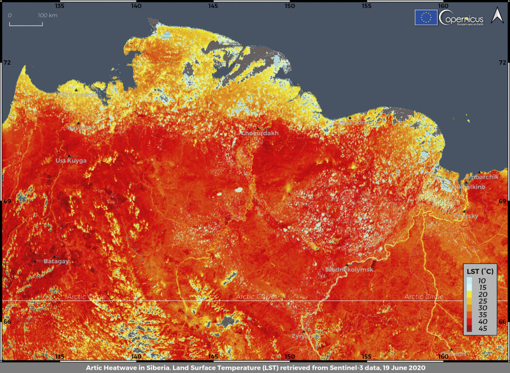 Dette bildet er levert av EUs Copernicus-prosjekt og viser temperaturen på landoverflaten 19. juni. To dager senere ble det målt 37 grader ved den arktiske byen Verkhojansk, som er rekord nord for polarsirkelen. Dette bildet er levert av EUs Copernicus-prosjekt og viser temperaturen på landoverflaten 19. juni. To dager senere ble det målt 37 grader ved den arktiske byen Verkhojansk, som er rekord nord for polarsirkelen.