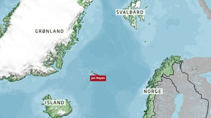 Jan Mayen ligger mellom Grønland, Island, Svalbard og Norge. (Foto: (Grafikk: NRK)) Jan Mayen ligger mellom Grønland, Island, Svalbard og Norge. (Foto: (Grafikk: NRK))