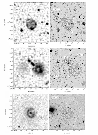 Bildene til venstre viser radiosirklene, på bildet til høyere er de lagt oppå optiske observasjoner. De første bildene viser det forskerne har kalt ORC 1. De svarte prikkene på bildene til høyre er galakser eller andre lysende kilder. På det andre bildet ser vi ORC 3, som er veldig svak og ligger nært ORC 2. ORC 4 har en galakse i midten.